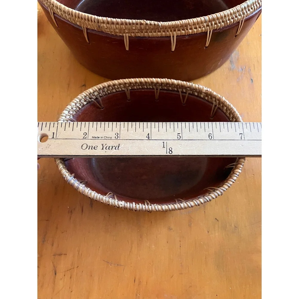 Oval Nesting Baskets Eartenware Brown Wood Rattan Trim Set of 2